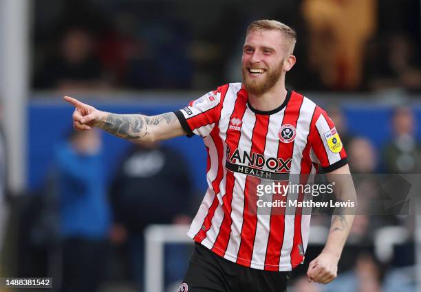 Oliver McBurnie of Sheffield United celebrates after scoring the team's first goal during the Sky Bet Championship between Birmingham City and...