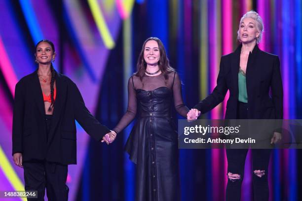 Presenters Alesha Dixon, Julia Sanina and Hannah Waddingham on stage during the first dress rehearsal for Semi Final 1 of the Eurovision Song Contest...