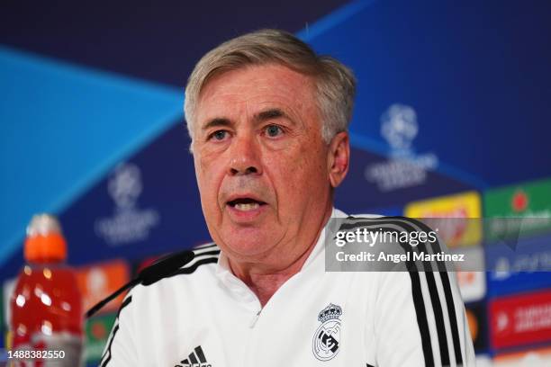 Carlo Ancelotti, Head coach of Real Madrid speaks to the media during a press conference ahead of their UEFA Champions League semi-final first leg...