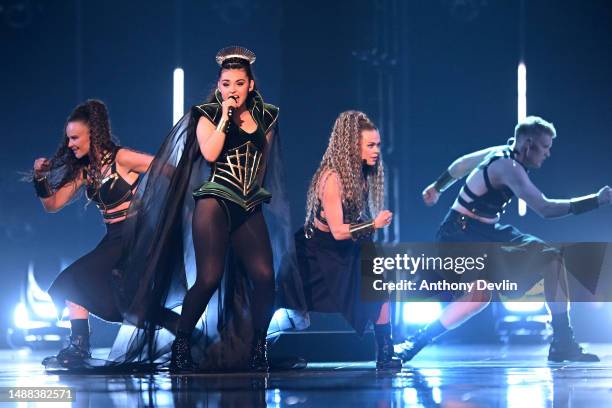 Alessandra, representative for Norway, performs during the first dress rehearsal for Semi Final 1 of the Eurovision Song Contest 2023 at M&S Bank...