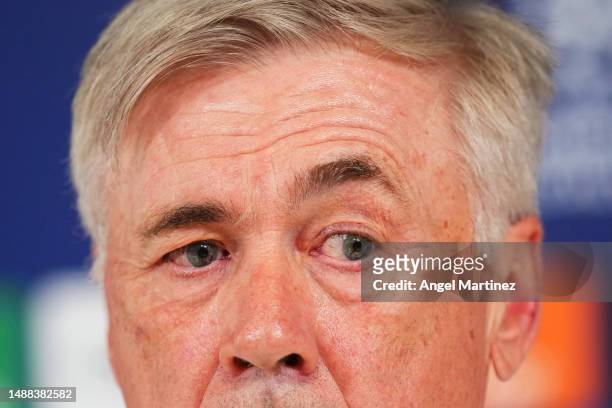 Carlo Ancelotti, Head coach of Real Madrid looks on during a press conference ahead of their UEFA Champions League semi-final first leg match against...