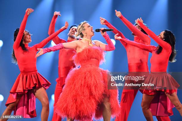 Mimicat, representative for Portugal, performs during the first dress rehearsal for Semi Final 1 of the Eurovision Song Contest 2023 at M&S Bank...