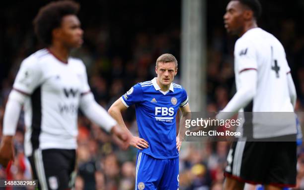 Jamie Vardy of Leicester City looks on after their penalty kick is saved by Bernd Leno of Fulham during the Premier League match between Fulham FC...