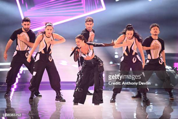 Noa Kirel, representative for Israel, performs during the first dress rehearsal for Semi Final 1 of the Eurovision Song Contest 2023 at M&S Bank...