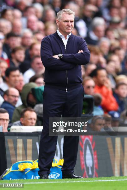 Dean Smith, Manager of Leicester City, looks on during the Premier League match between Fulham FC and Leicester City at Craven Cottage on May 08,...