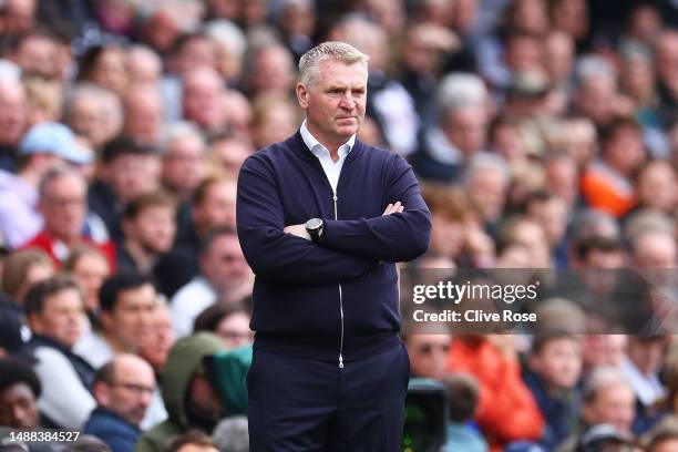 Dean Smith, Manager of Leicester City, looks on during the Premier League match between Fulham FC and Leicester City at Craven Cottage on May 08,...