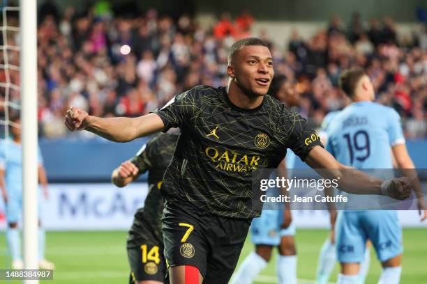 Kylian Mbappe of PSG celebrates his goal during the Ligue 1 Uber Eats match between ESTAC Troyes and Paris Saint-Germain at Stade de l'Aube on May 7,...