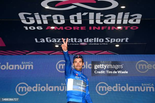 Thibaut Pinot of France and Team Groupama - FDJ celebrates at podium as Blue Mountain Jersey winner during the 106th Giro d'Italia 2023, Stage 3 a...