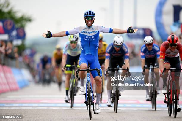 Michael Matthews of Australia and Team Jayco AlUla celebrates at finish line as stage winner during the 106th Giro d'Italia 2023, Stage 3 a 213km...