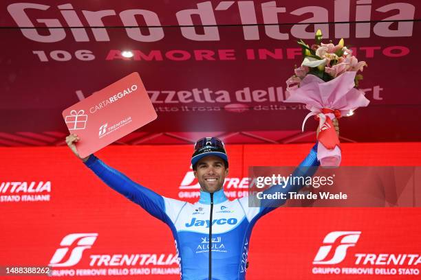 Michael Matthews of Australia and Team Jayco AlUla celebrates at podium as stage winner during the 106th Giro d'Italia 2023, Stage 3 a 213km stage...