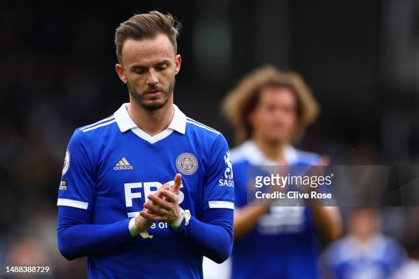 James Maddison of Leicester City looks dejected as they applaud fans after the Premier League match between Fulham FC and Leicester City at Craven...
