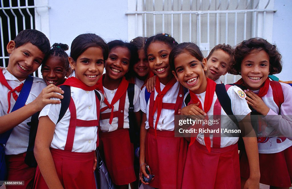 Young girls in school uniform in San Juan de los Remedios, founded in 1524 by Vasco Porcallo de Figueroa.