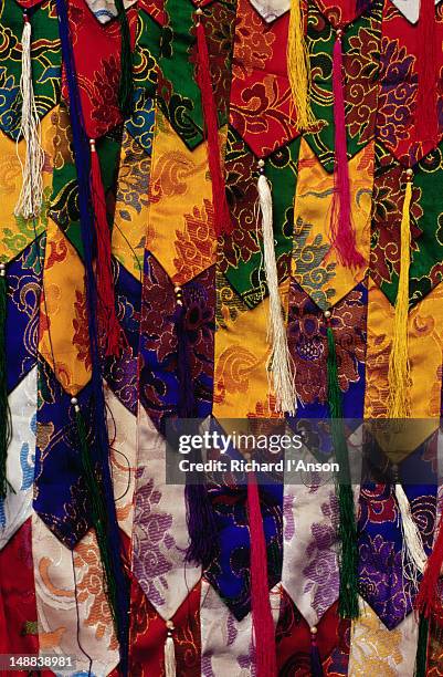 detail of ceremonial banners used in the mani rimdu festival at chiwang gompa (monastery). - mani rimdu festival bildbanksfoton och bilder