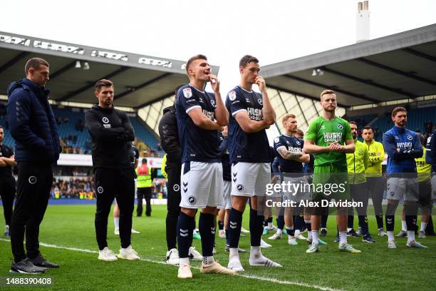 Millwall players look dejected following the team's defeat during the Sky Bet Championship between Millwall and Blackburn Rovers at The Den on May...