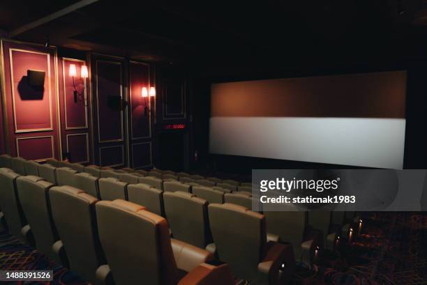 empty movie theater with seats. rows of void seats in cinema. cinema theatre hall with empty armchairs. cinema hall with number ten of seat. movie entertainment - lobby screen stock pictures, royalty-free photos & images