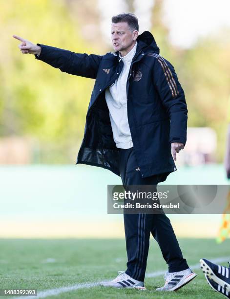 Head coach Christian Woerns of Germany gestures during the International Friendly match between Germany and Denmark at Droemlingstadion on May 08,...