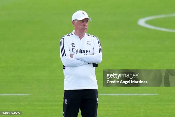 Carlo Ancelotti, Head Coach of Real Madrid, looks on during the Real Madrid training session ahead of their UEFA Champions League semi-final first...