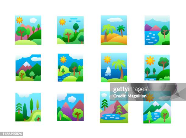landscape flat gradient icons set - chalet stock illustrations