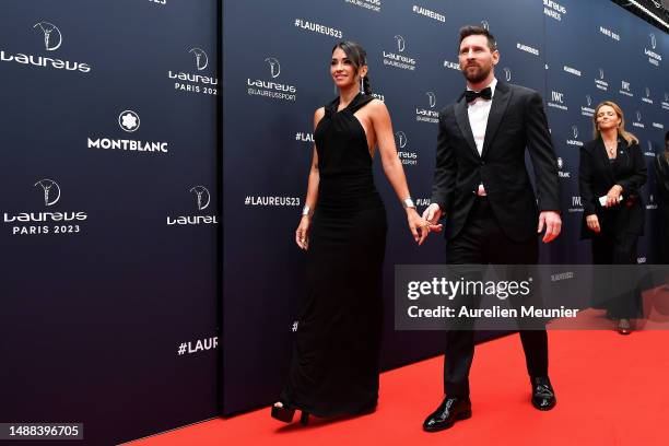 Laureus World Sportsman of the Year 2023 nominee Lionel Messi and wife Antonella Roccuzzo arrives at the 2023 Laureus World Sport Awards Paris red...