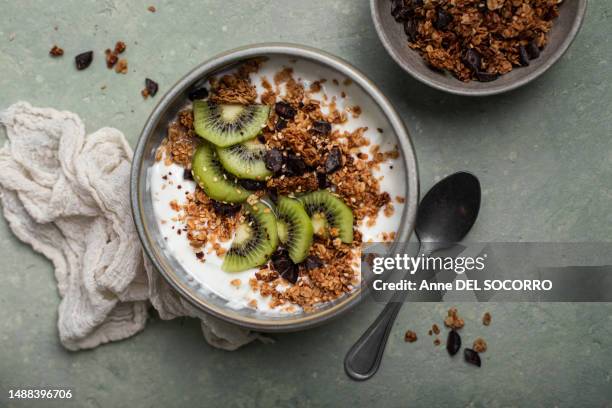 breakfast chocolate granola yogurt bowl with kiwi fruits - bol et saladier photos et images de collection