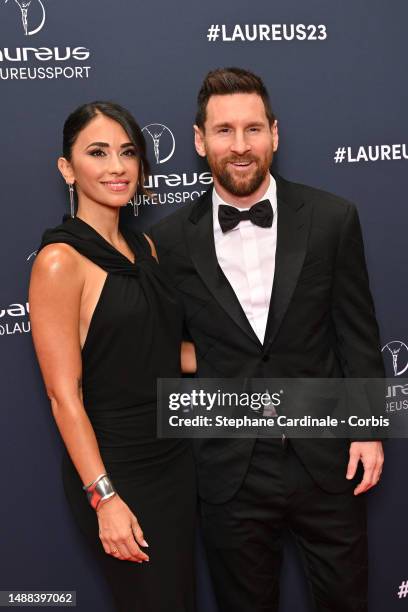 Laureus World Sportsman of the Year 2023 nominee Lionel Messi and wife Antonella Roccuzzo arrive at the 2023 Laureus World Sport Awards at Cour...