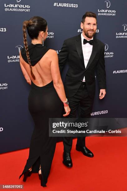 Laureus World Sportsman of the Year 2023 nominee Lionel Messi and wife Antonella Roccuzzo arrive at the 2023 Laureus World Sport Awards at Cour...