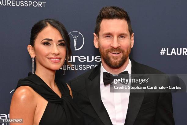 Laureus World Sportsman of the Year 2023 nominee Lionel Messi and wife Antonella Roccuzzo arrive at the 2023 Laureus World Sport Awards at Cour...