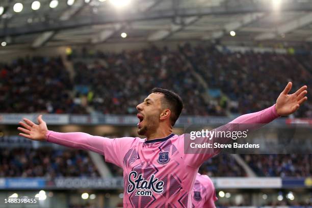 Dwight McNeil of Everton celebrates after Jason Steele of Brighton & Hove Albion scores an own goal during the Premier League match between Brighton...