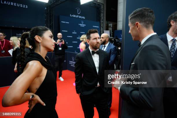 Laureus World Sportsman of the Year 2023 nominee Lionel Messi and wife Antonella Roccuzzo talks to Robert Lewandowski at the 2023 Laureus World Sport...