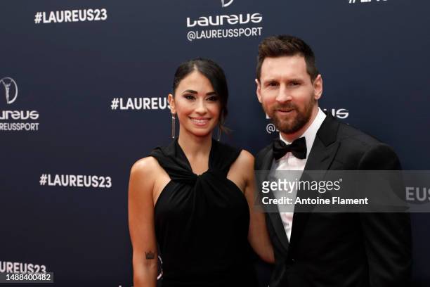 Antonella Rocuzzo and Lionel Messi attend the red carpet during the 2023 Laureus World Sport Awards Paris on May 08, 2023 in Paris, France.