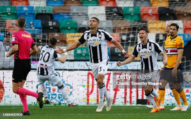 Adam Masina of Udinese celebrates scoring a goal during the Serie A match between Udinese Calcio and UC Sampdoria at Dacia Arena on May 08, 2023 in...