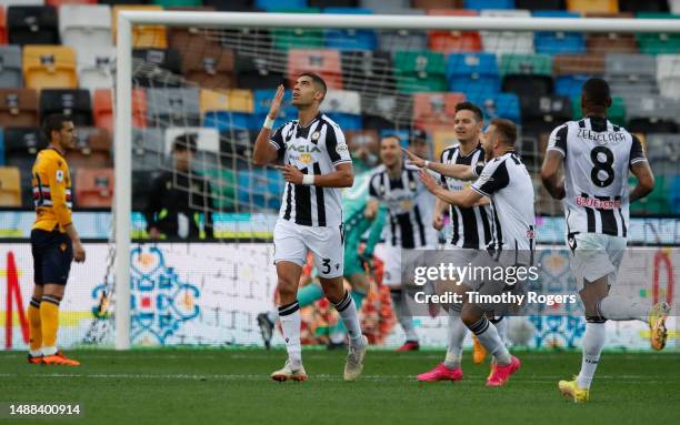 Adam Masina of Udinese celebrates scoring a goal during the Serie A match between Udinese Calcio and UC Sampdoria at Dacia Arena on May 08, 2023 in...