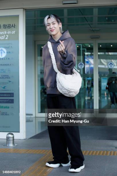 BamBam aka Kunpimook Bhuwakul of boy band GOT7 is seen on departure at Incheon International Airport on May 08, 2023 in Incheon, South Korea.