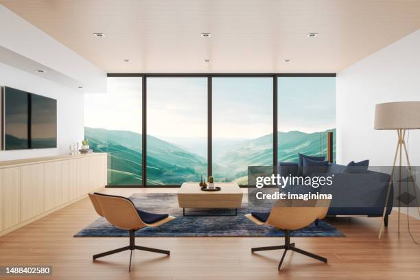 modernes minimalistisches wohnzimmer-interieur mit bergblick - deckenverkleidung holz stock-fotos und bilder