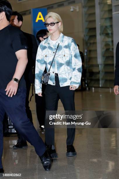 Felix of boy band Stray Kids is seen upon arrival at Incheon International Airport on May 08, 2023 in Incheon, South Korea.