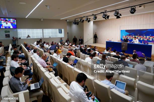General view as Rodri of Manchester City speaks to the media during a Press Conference ahead of their UEFA Champions League semi-final first leg...