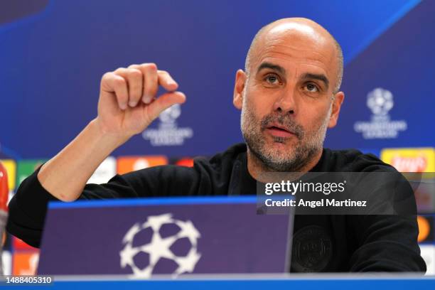 Pep Guardiola, Manager of Manchester City, speaks to the media during a Press Conference ahead of their UEFA Champions League semi-final first leg...