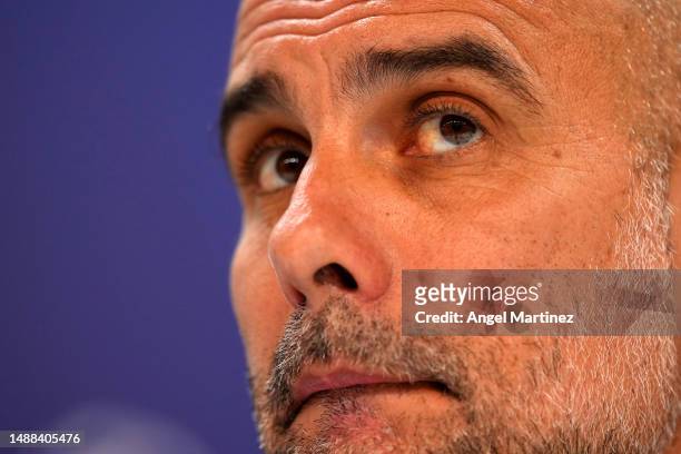 Pep Guardiola, Manager of Manchester City, speaks to the media during a Press Conference ahead of their UEFA Champions League semi-final first leg...