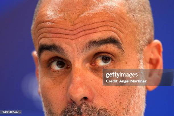 Pep Guardiola, Manager of Manchester City, speaks to the media during a Press Conference ahead of their UEFA Champions League semi-final first leg...