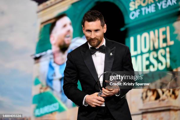 Lionel Messi speaks after winning the Laureus World Sportsman of the Year 2023 on stage during the 2023 Laureus World Sport Awards Paris show at Cour...