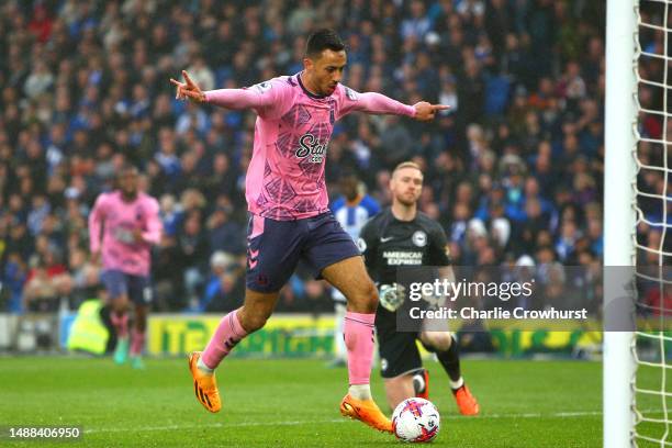 Dwight McNeil of Everton scores the team's fourth goal during the Premier League match between Brighton & Hove Albion and Everton FC at American...