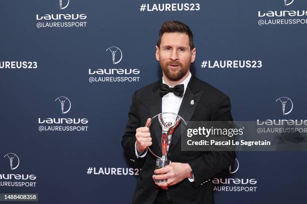 Lionel Messi poses with his Laureus World Sportsman of the Year 2023 award during the Winners Walk at the 2023 Laureus World Sport Awards Paris at...