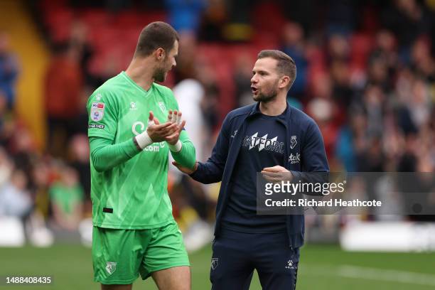 Daniel Bachmann and Tom Cleverley of Watford applaud the fans at the end of the game during the Sky Bet Championship between Watford and Stoke City...
