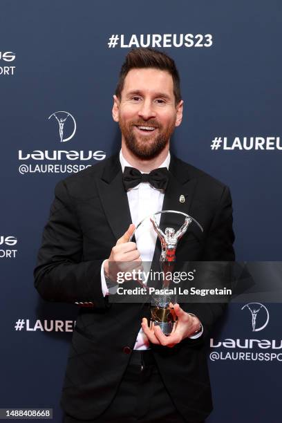 Lionel Messi poses with his Laureus World Sportsman of the Year 2023 award during the Winners Walk at the 2023 Laureus World Sport Awards Paris at...