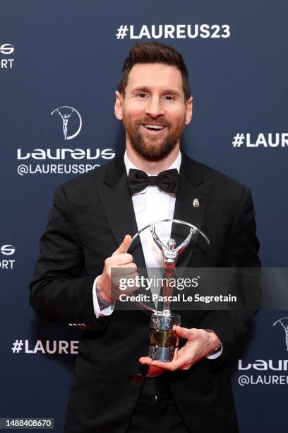 Lionel Messi poses with his Laureus World Sportsman of the Year 2023 award during the Winners Walk at the 2023 Laureus World Sport Awards Paris at...