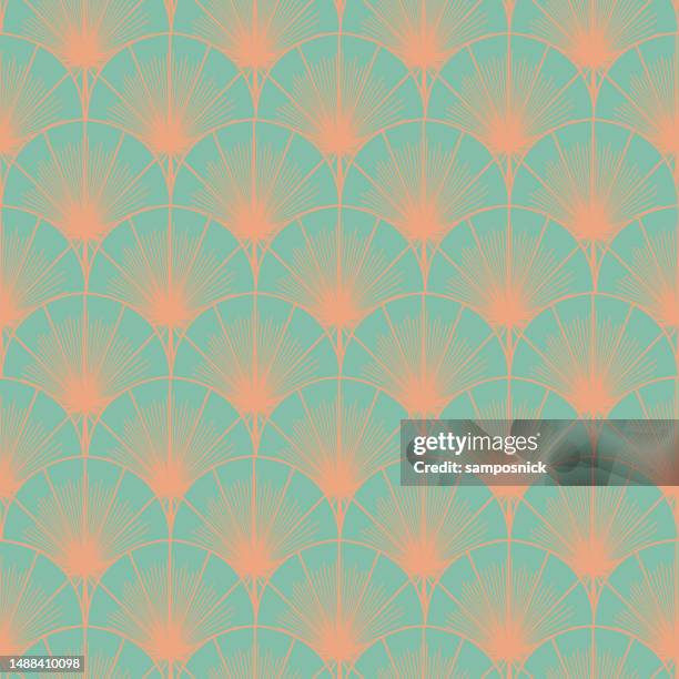 art deco leaf fan and starburst seamless repeat pattern background - scallop pattern stock illustrations