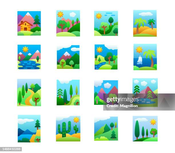 ilustrações de stock, clip art, desenhos animados e ícones de landscape flat gradient icons set - chalé