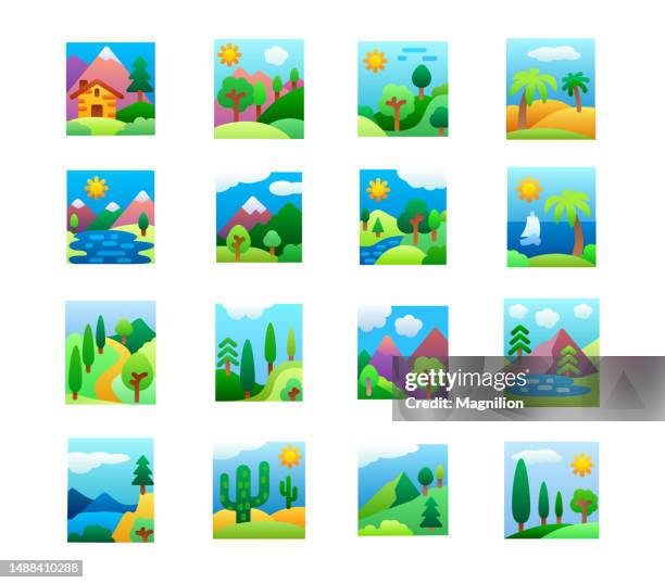 landscape flat gradient icons set - hut icon stock illustrations