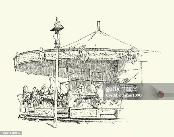 carousel or merry-go-round amusement ride  in fairground, victorian french, 19th century, jules garnier - carousel horse stock illustrations