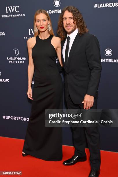 Vanesa Lorenzo and Carles Puyol arrive at the 2023 Laureus World Sport Awards at Cour Vendome on May 08, 2023 in Paris, France.